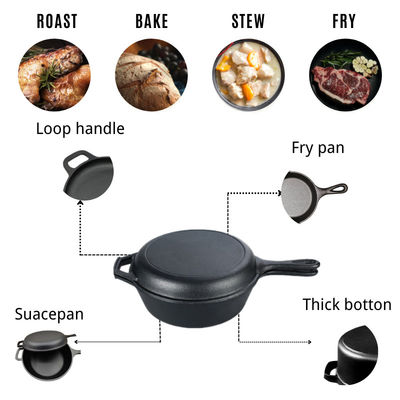 2 In 1 Pre Seasoned Cast Iron Casserole Dutch Oven with Long Handle