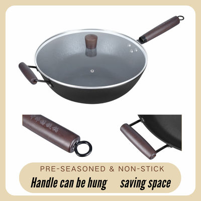 Non Stick Chinese Wok Pan Good Heat Retention With Wooden Handle