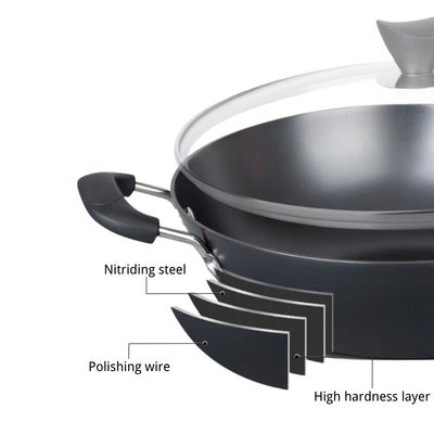 Cast Iron Skillet Induction Chinese Wok Pan 30cm Wooden Handle Cover