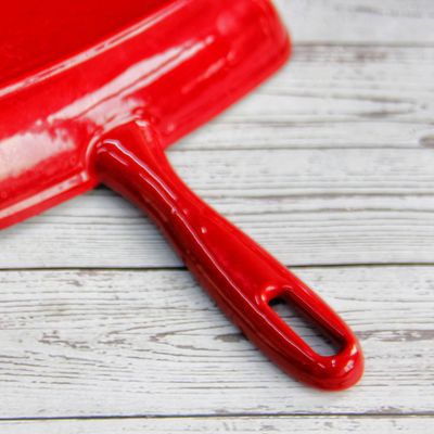 Red Enameled Cast Iron Skillet Pan 10inch Non Stick Deep Fry Pan With Ridge