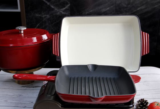 Red Enameled Cast Iron Skillet Pan 10inch Non Stick Deep Fry Pan With Ridge