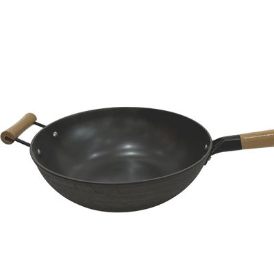 Cast Iron Skillet Induction Chinese Wok Pan 30cm Wooden Handle Cover