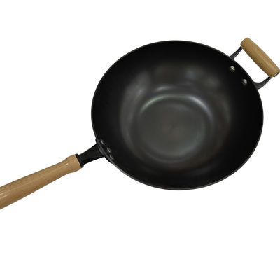 Heavy Duty 14 Inch Cast Iron Pan Chinese Wok Pan With Wooden Handle And Glass Lid