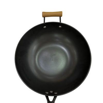 Heavy Duty 14 Inch Cast Iron Pan Chinese Wok Pan With Wooden Handle And Glass Lid