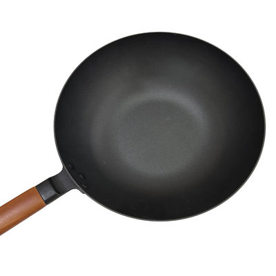Heavy Duty 14 Inch Cast Iron Pan Chinese Wok Pan With Wooden Handle And Glass Lid