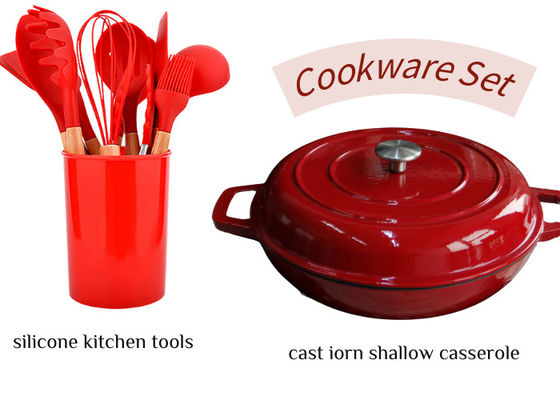 Red Enamel Cast Iron Shallow Casserole With Silicone Cutlery Sets