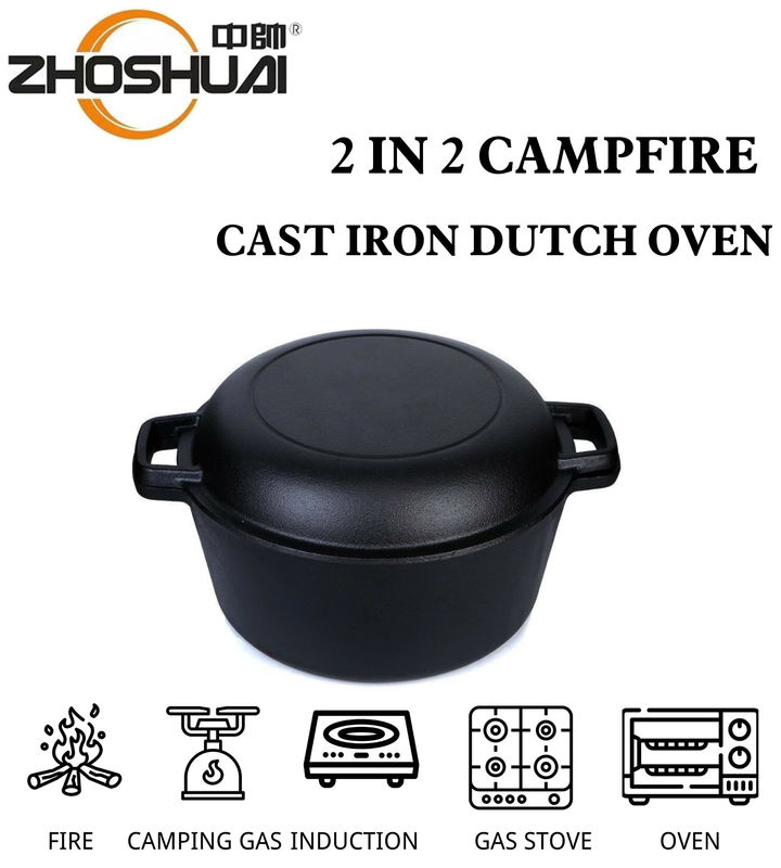 26cm Cast Iron Casserole 4.8L Cast Iron Dutch Oven 2 In 1 Easy Handle