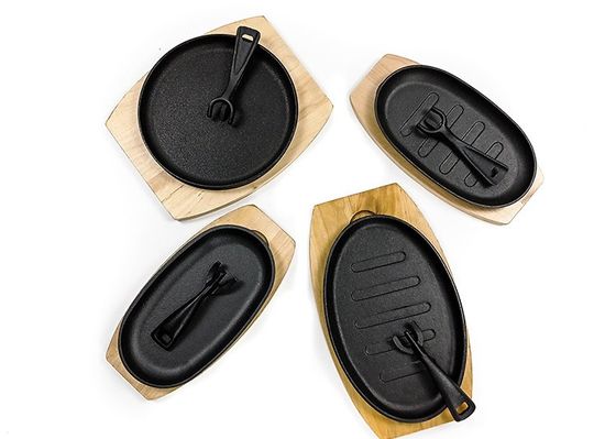 Pre Seasoned Cast Iron Sizzle Platter Cast Iron Steak Pan sets With Wooden Base